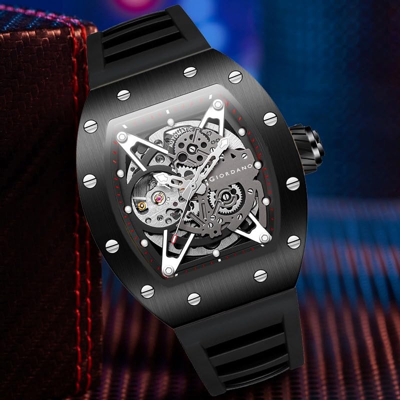 Image of Giordano Automatic Wrist Watch for Men - Open Skeleton Dial | Brushed Steel Case Mechanical Movement with Silicone Strap