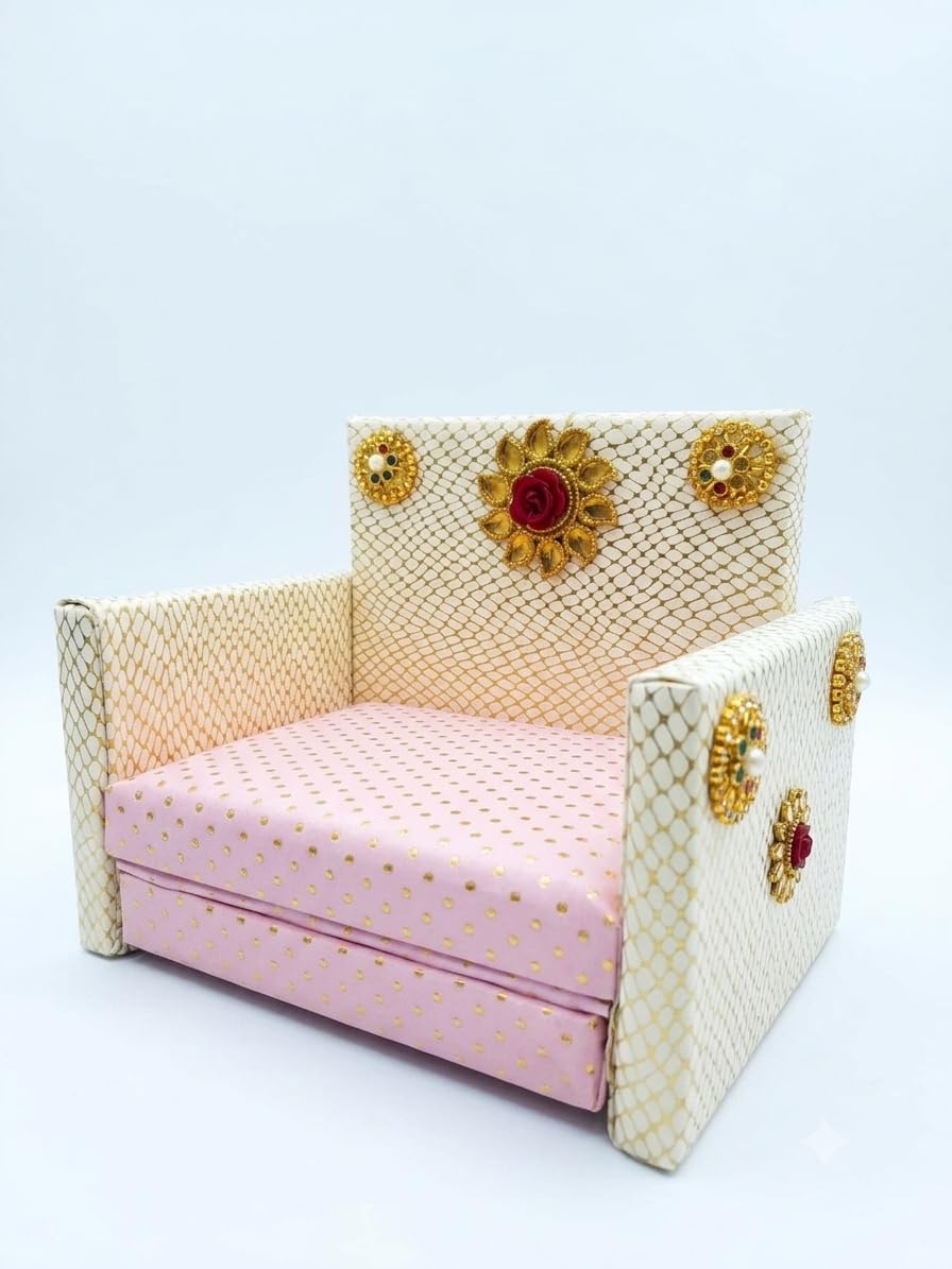 Premium Foldable Sofa-Cum-Bed for Laddu Gopal Ji | Handcrafted Divine Singhasan & Asan with Exquisite Stone Work & Gold Honeycomb Pattern | Royal Seva Bedding for Kanha Ji (for 4-6 No.)-image-15