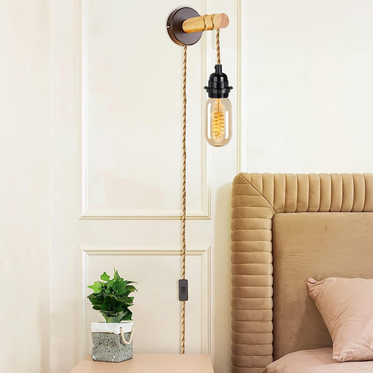 Linterna colgante de extensión envuelta en ratán, lámpara colgante enchufable con cordón de cáñamo, 15 pies, compatible con lámpara de tela vintage E26/E27, ideal para decoración de estilo 5