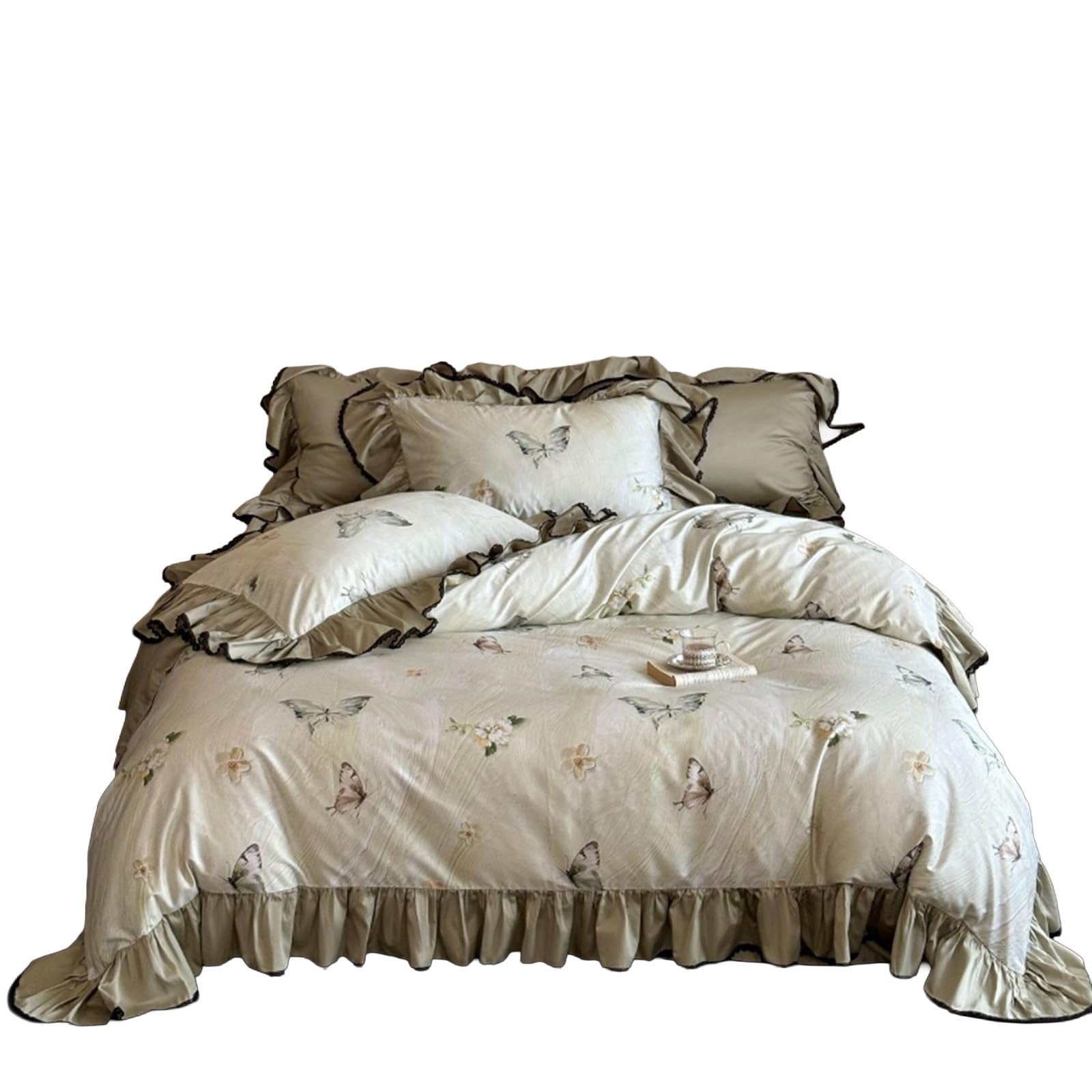 Juego de ropa de cama de algodón de fibra larga de 220x240 cm premium con elegantes volantes