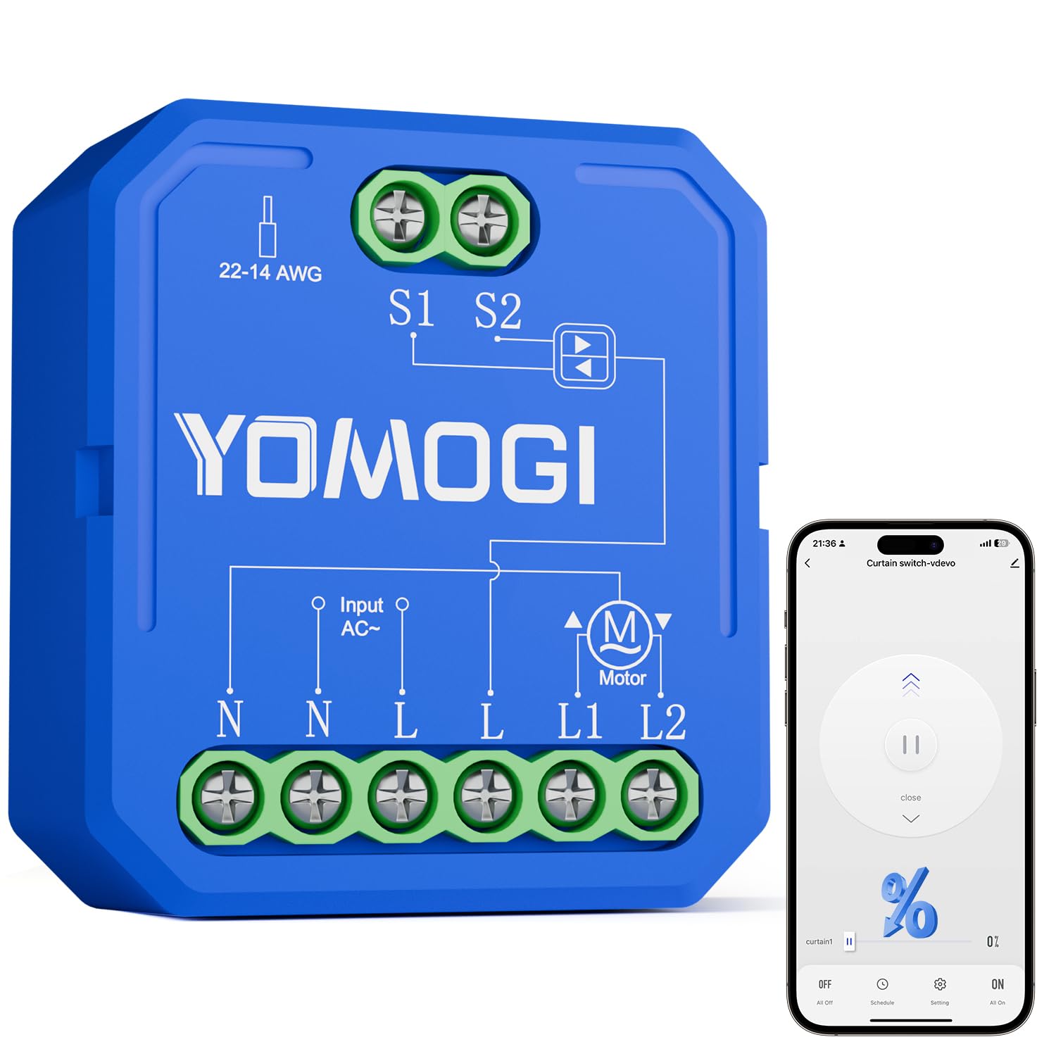 YOMOGI Módulo de Persiana Conectada, Módulo Interruptor para Persianas WiFi, Compatible con Alexa Google Home para Control Porcentual, Remoto, por Voz (Control Porcentual, 1)