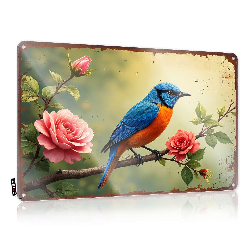 Sujd Colour Clock, Tin Metal Decor Lake Limit A Vibrant Blue And Orange Bird Perches On A Branch Adorned With Pink Roses. | Rustic Handcrafted Wall Art(30X40cm)