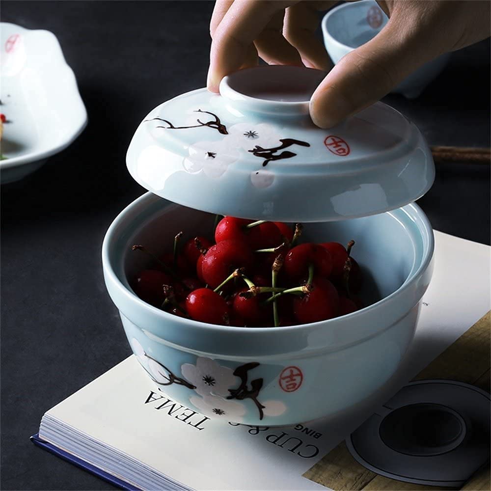 ERoomQ Pasta Bowls Ceramic Soup Noodle Pasta Bowl with Lid Retro Fruit Salad Rice Steamed Egg Stewed Cubilose Cup Mixing Serving Bowl Tureen Oven Microwave Safe,White-5.5 inches (White 5.5 inches)