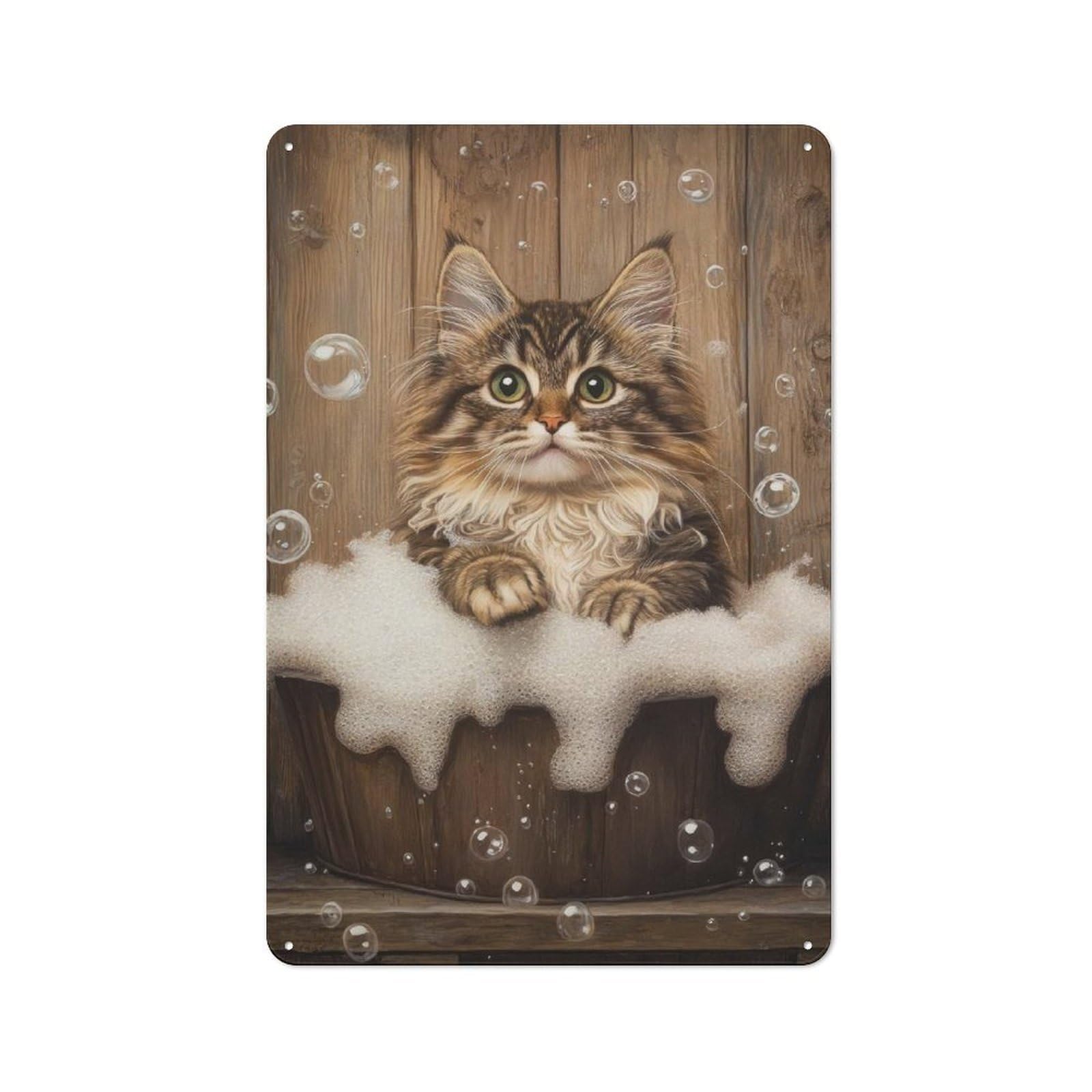 Junmoney Maine Coon Bubble Bath Garage Metal Sign 30X20cm, Retro Workshop Wall Decor For Tool Room, Garage, Studio Or Home Bar