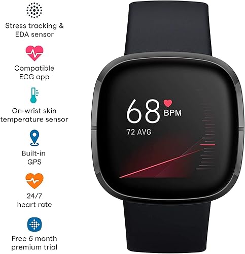 Miniatura 2 de Fitbit Sense Health & Fitness - Reloj inteligente con GPS, llamadas y mensajes de texto Bluetooth, frecuencia cardíaca SpO2, ECG, temperatura