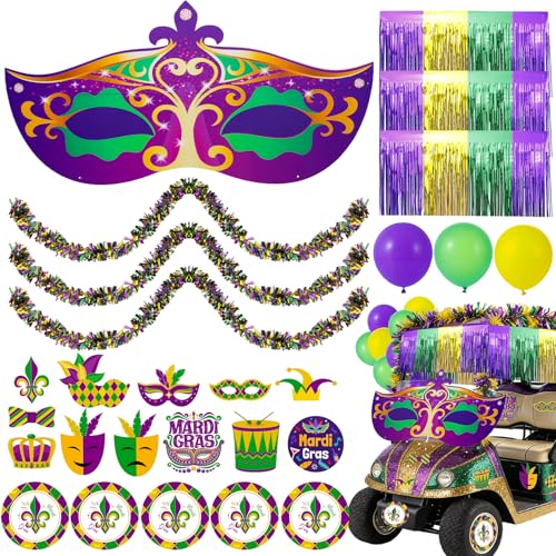 39Pcs Mardi Gras Golf Cart Decorations - Purple Green Gold Balloons Banner Mask Thematic Accents Parade Supplies for Golf Cart Displays Mardi Gras Celebrations
