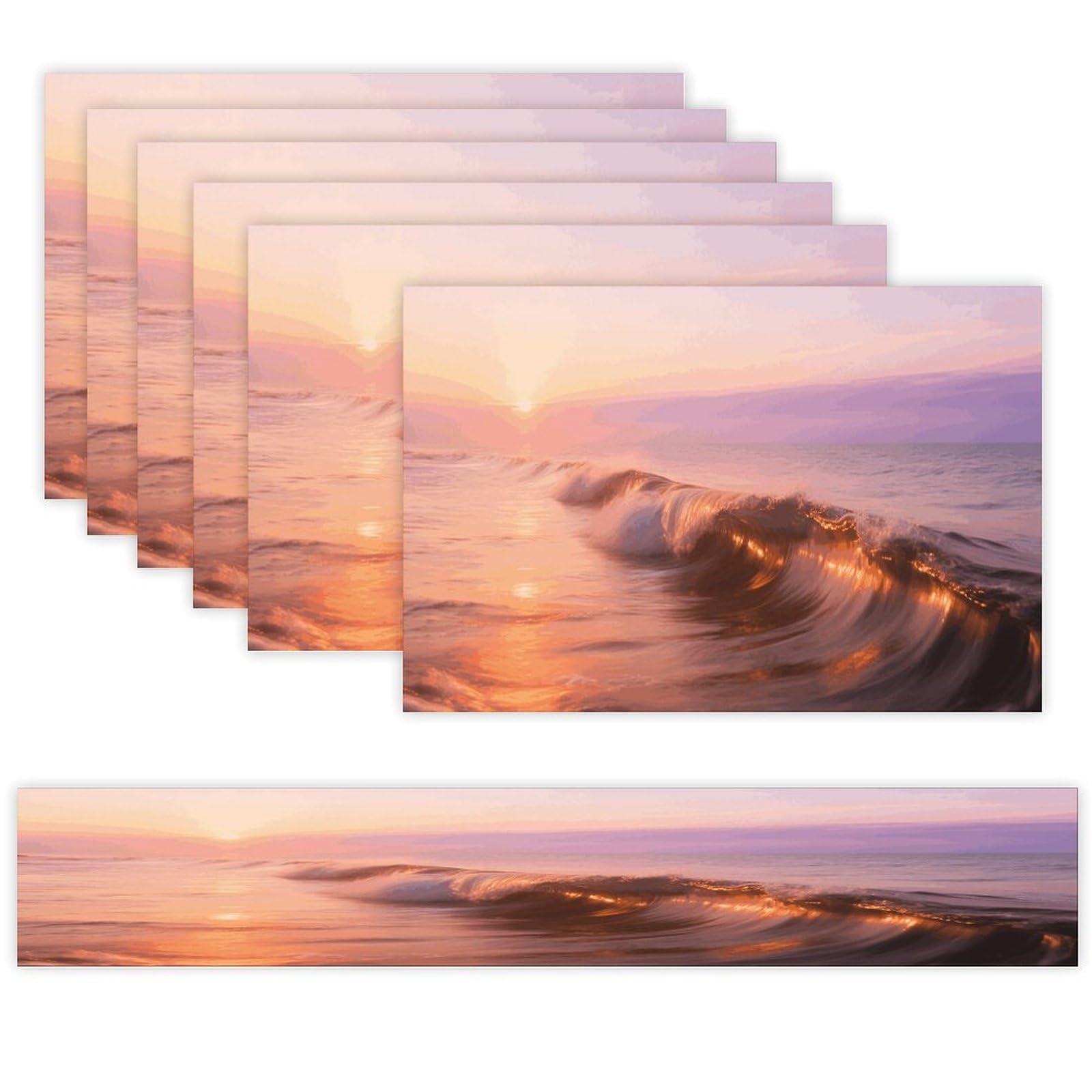 Sea Waves Table Runner and Placemats Set of 7 Linen Table Mat Non-Slip Place Mats Washable Placemat Heat Resistant Place Mat with Table Runner for Party Dining Decor