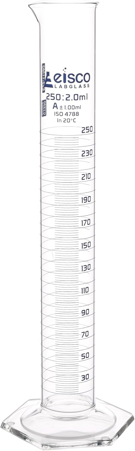 Graduated Cylinder, 2000ml - Class A Tolerance ±10.0ml - Hexagonal Base - Blue Graduations - Borosilicate 3.3 Glass - Eisco Labs