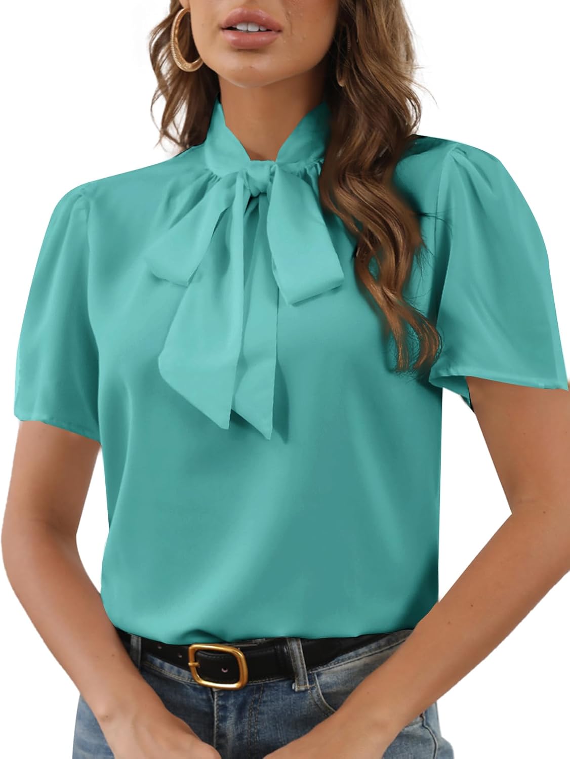 Rooscier Women's Bow Tie Knot Mock Neck Short Sleeve Elegant Workwear Blouse Shirt Top - Image 4