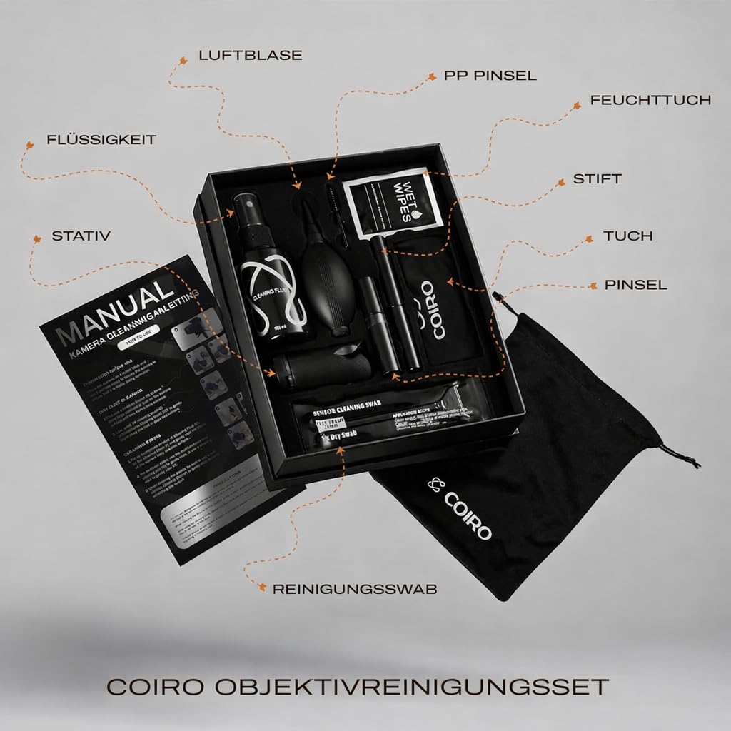 C Coiro Kamera Reinigungsset für DSLR und empfindliche Elektronik, 9-in-1 Objektivreiniger-Spray, Kamerastift, Gebläse, Tücher, Sensorreiniger, Fotografen Geschenke & Kamera Zubehör