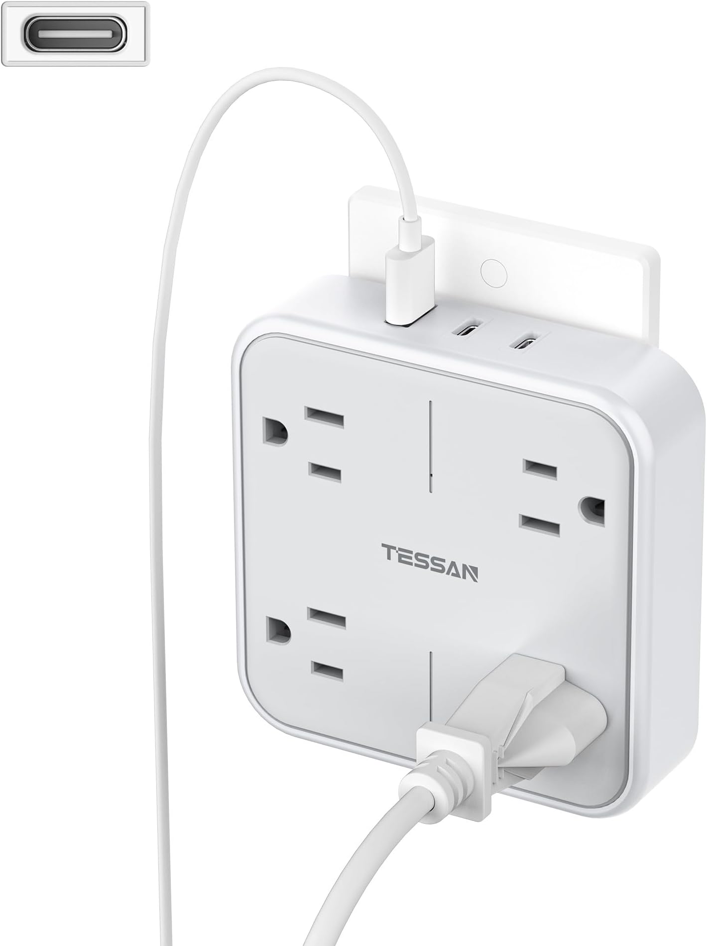 TESSAN Wandstekkerdoos 3 Stopcontacten met 1 USB en 2 USB C, USB Oplader, 6 in 1 Elektrische USB Stekkerdoos, Franse Stekkerdoos met USB Aansluiting