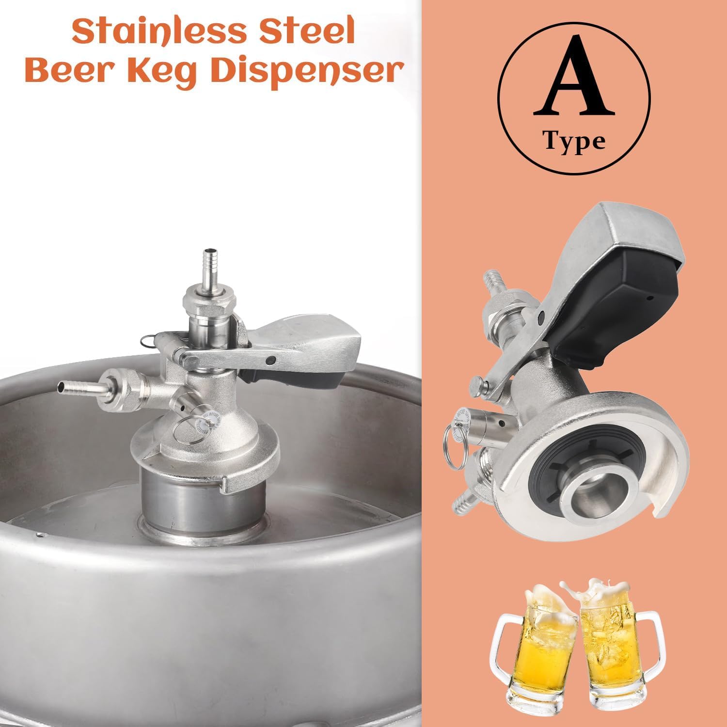 Fass-Kupplung, Bierfass Anschluss Keg Anschluss Flach Typ A Edelstahl Keg Adapter Bierfass-Zapfanschluss Zapfanlage Zubehör Bierspender Heimbrau Bierhahn Anschlüsse