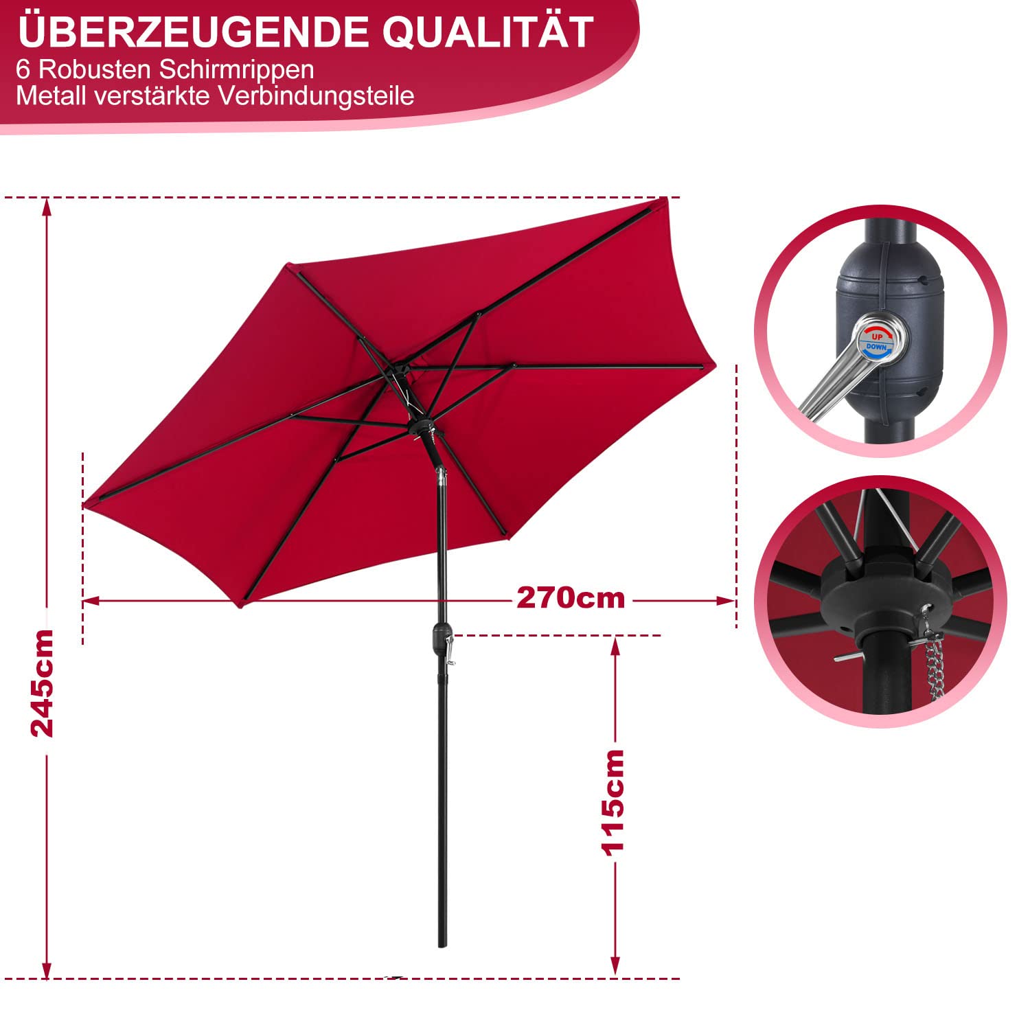 szary parasol przeciwsłoneczny z oświetleniem LED, korbą, parasol ogrodowy, ochrona przed słońcem i promieniowaniem UV 50+, aluminium, wodoszczelny, Ø 270/350 cm, czerwony