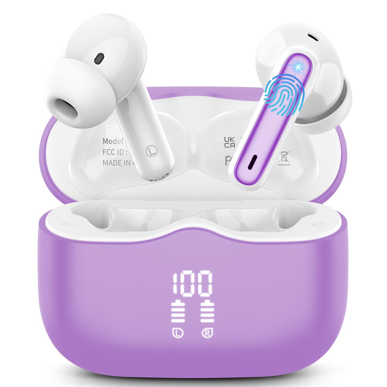 Wireless Earbuds, Bluetooth 5.3 Headphones in Ear with HiFi Stereo Deep Bass, 4 ENC Noise Cancelling Mic Wireless Earphones 40H Playtime, Bluetooth Earbuds Dual LED Display, IP7 Waterproof, Purple