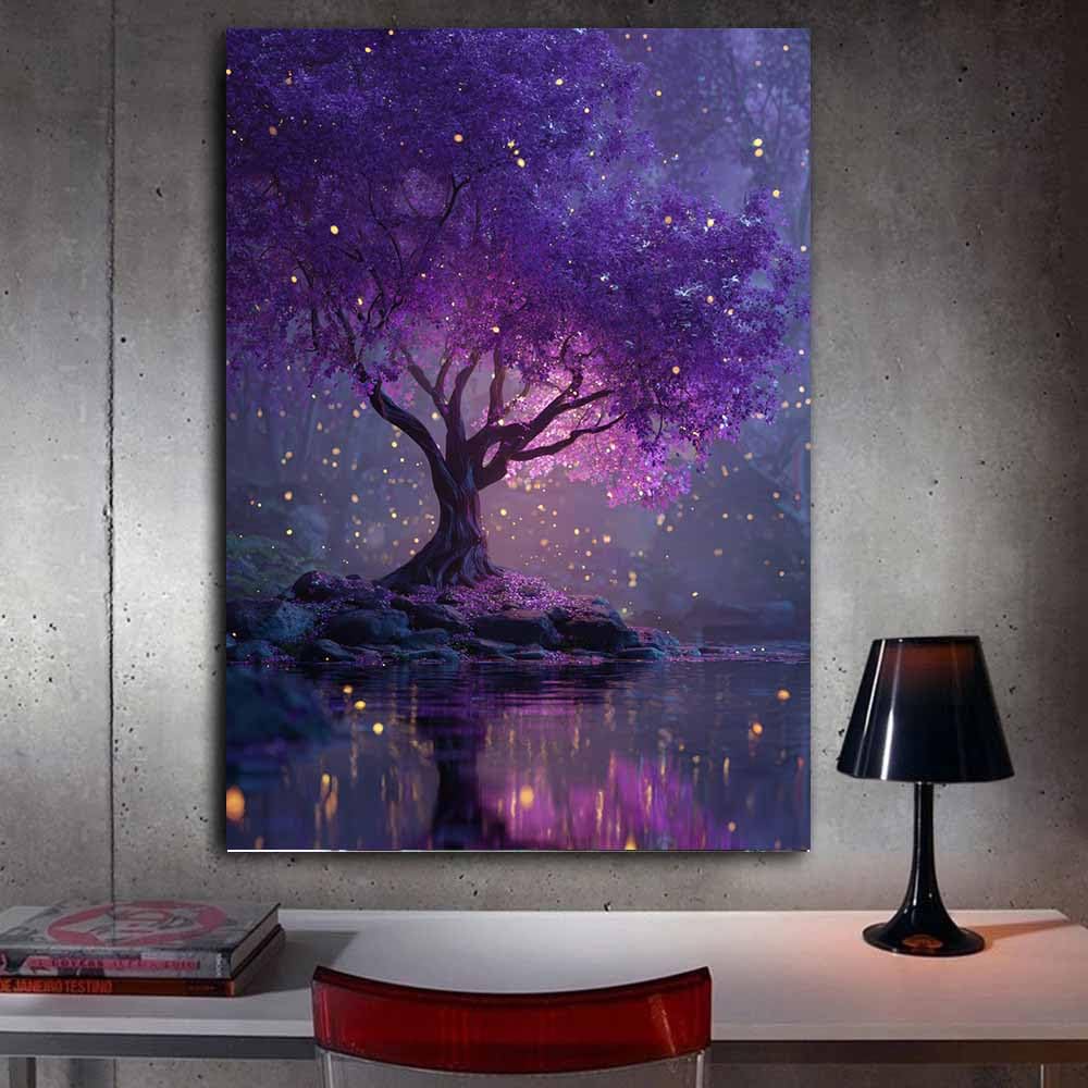 DMZPKZB Obraz na płótnie gwiaździste niebo strumienie i drzewa plakaty planet, odpowiednie do dekoracji łazienki, sypialni, biura (fioletowy-70x100cm oprawione
