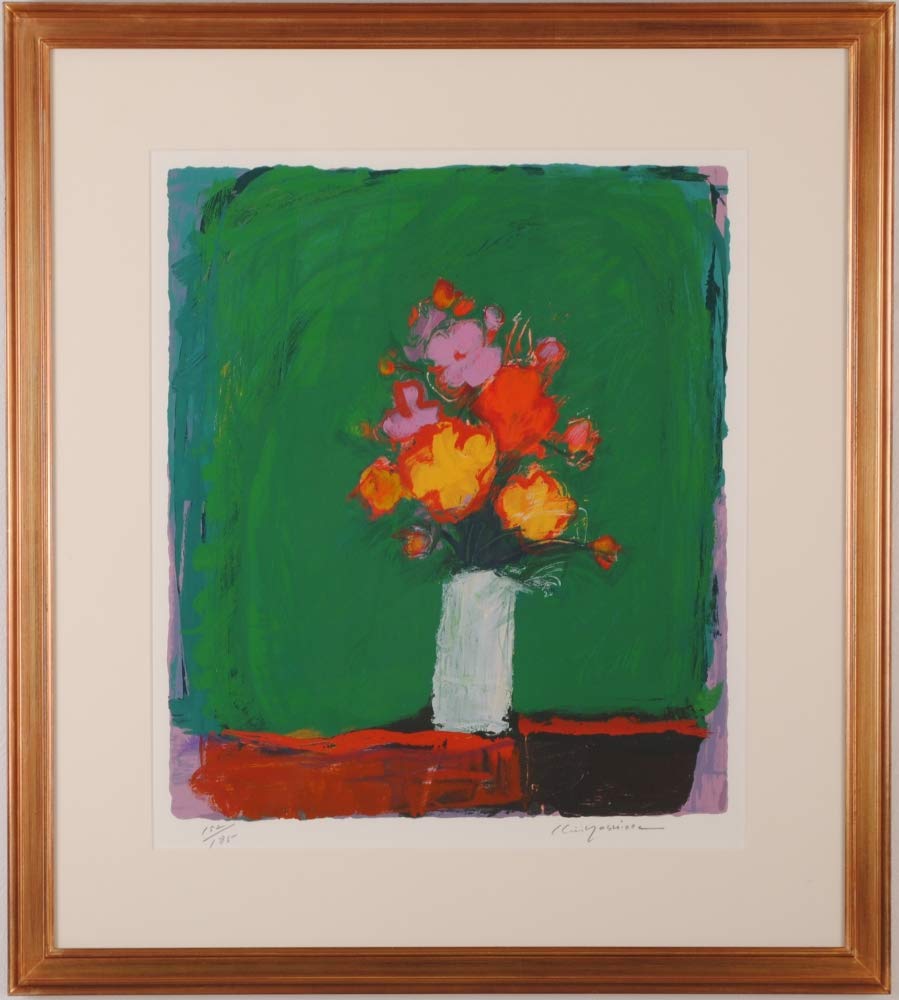 Amazon | 吉岡耕二 「緑の背景の花束」 花 絵画 静物画 リトグラフ