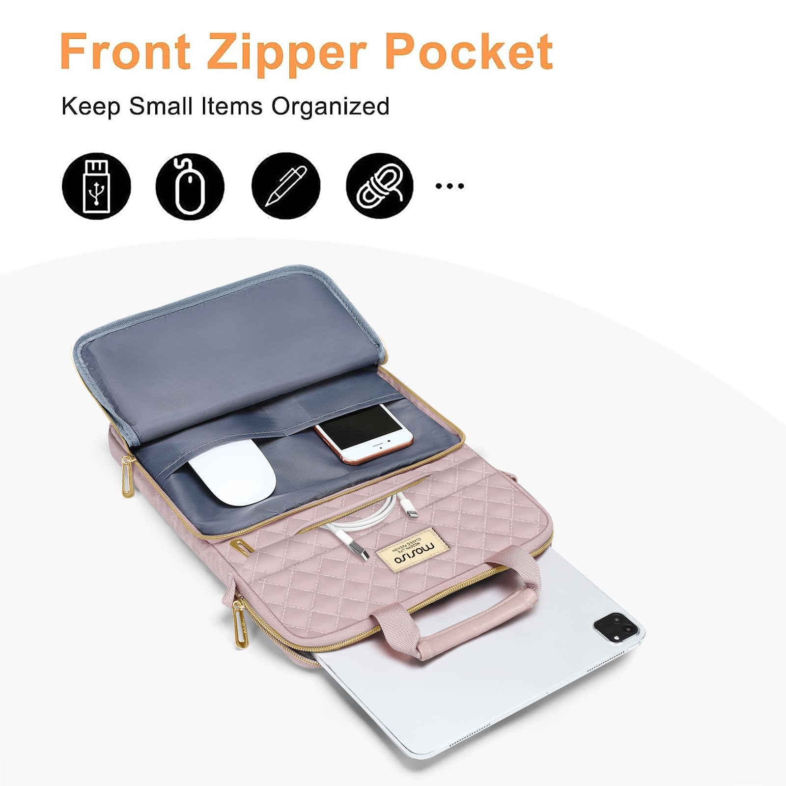 MOSISO 12.9 inch Tablet Sleeve for iPad Pro 13 M4 & iPad Air 13 M3 M2, iPad Pro 12.9 M2 M1 6/5th with Magic Keyboard,Square Quilted Carrying Case with Front 2 Pockets, Pink