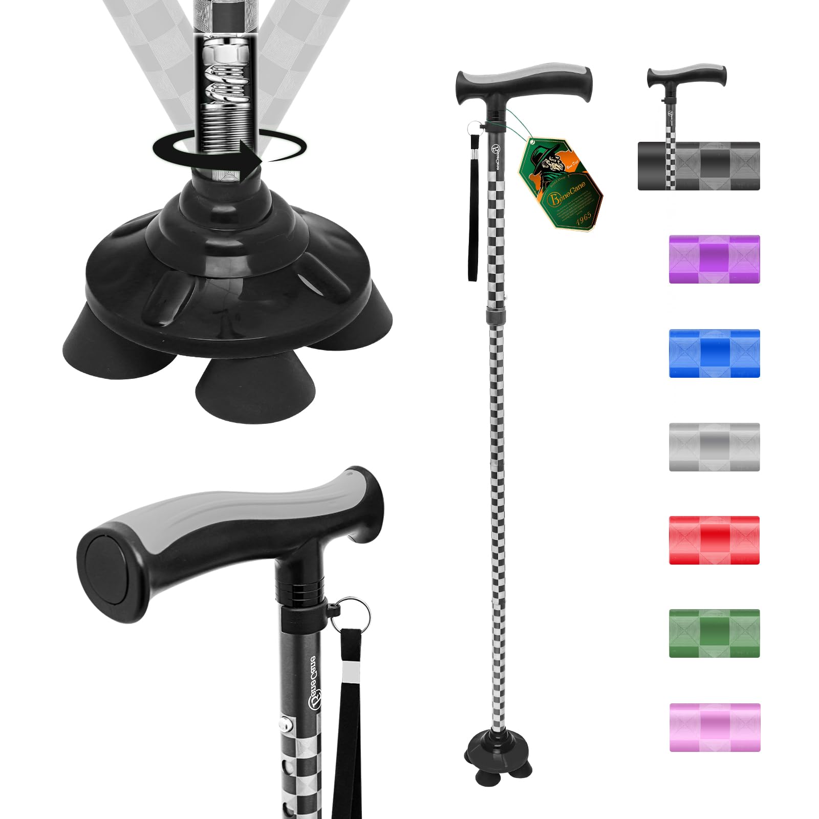 BeneCane Walking Cane for Men & Women Walking Stick for Seniors Folding Canes Quad Cane Adjustable Lightweight Sturdy Free Standing Collapsible Heavy Duty with Soft TPR T-Handle and Travel Bag