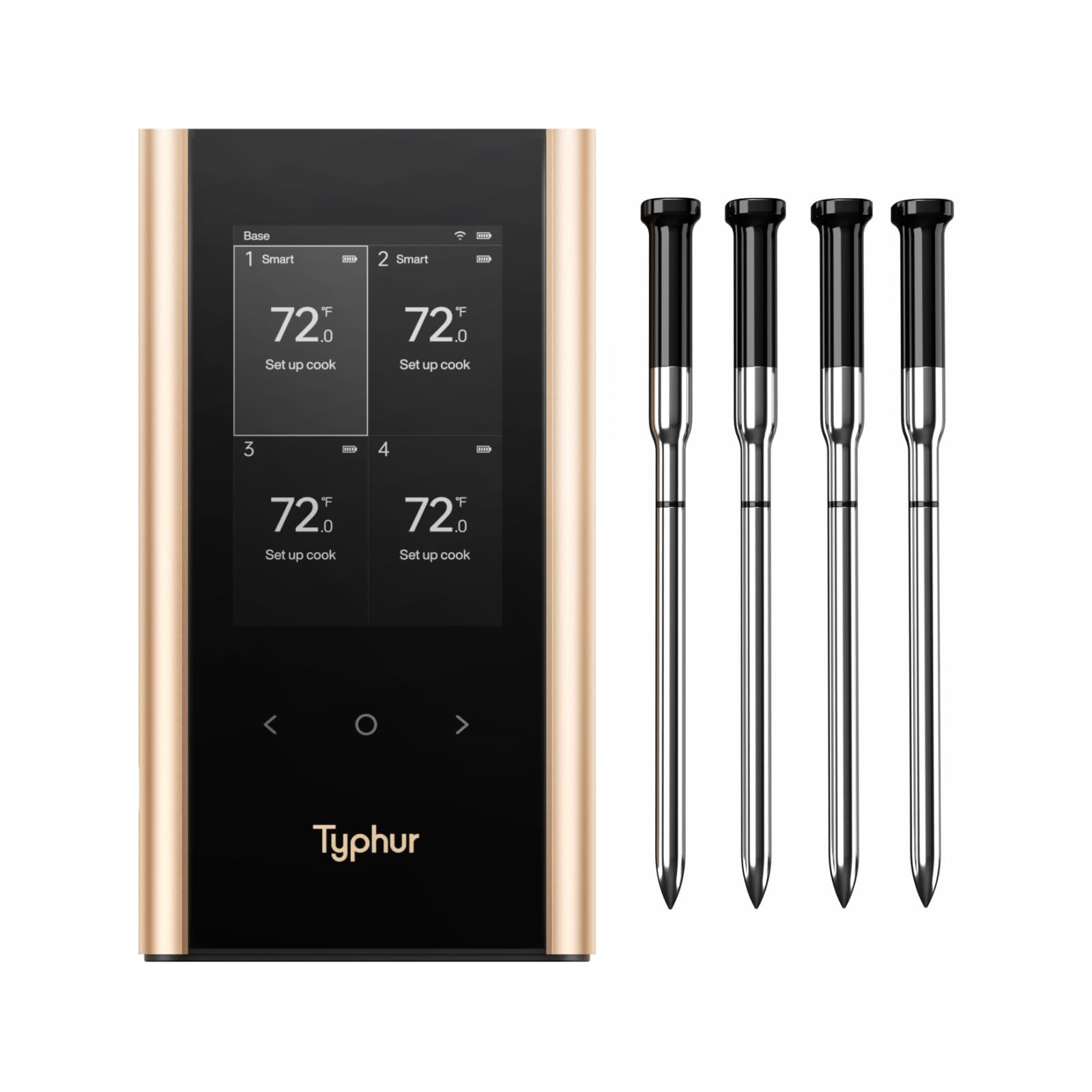 Typhur Sync Gold Wireless Termometro per Carne, 4 Sonde Sottili, 6 Sensori, Segnale 10x più Forte, Precisione ± 0,3 °C, Configurazione Diretta Base Intelligente, Lettura Affidabile Tramite Griglia