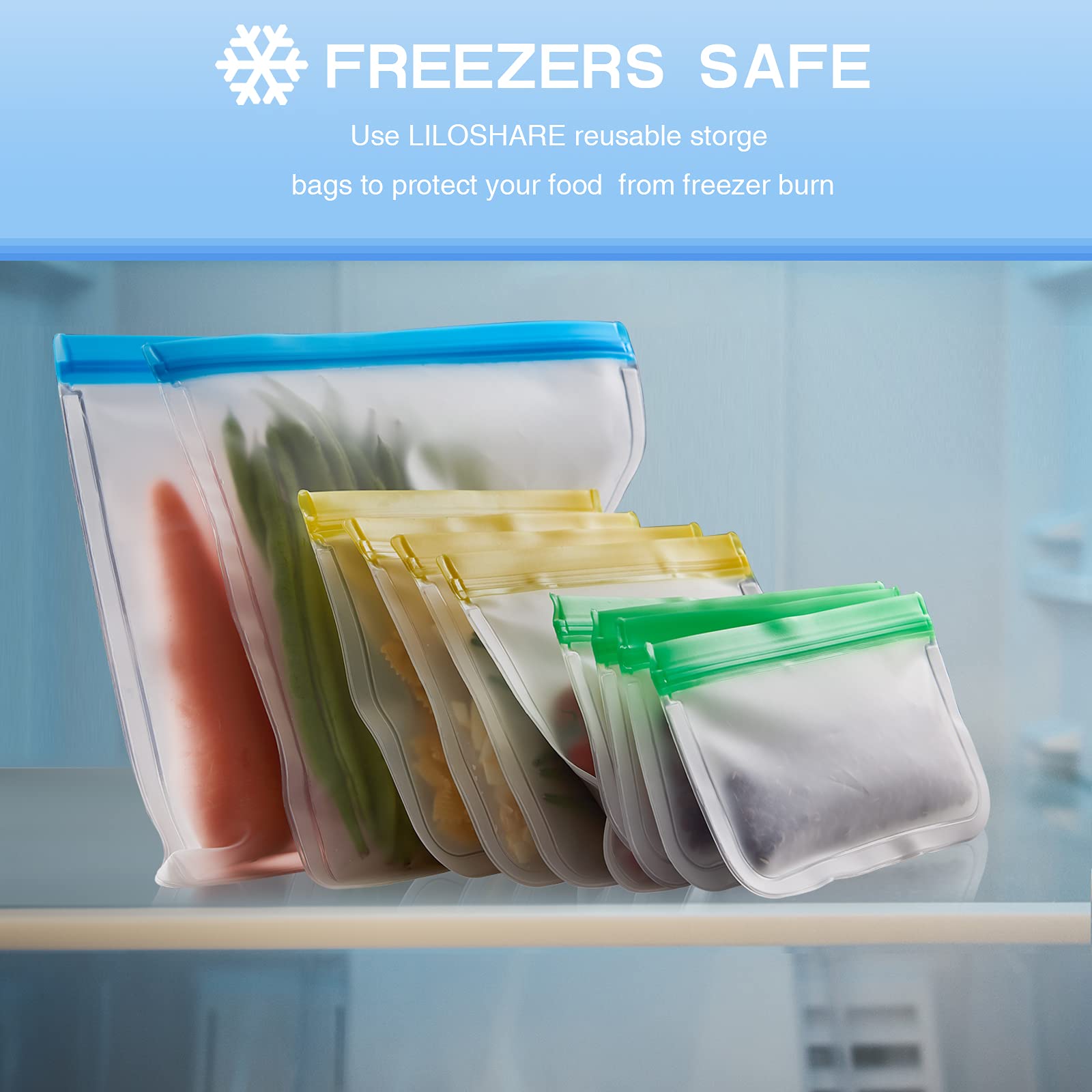 Sacchetti riutilizzabili per congelatore, 10 sacchetti in silicone per alimenti, senza BPA, extra spessi, a prova di perdite, riutilizzabili, con doppia cerniera e guarnizione, per carne (sacchetti da