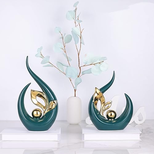 Miniatura 4 de DOVDOV Juego de 2 estatuas decorativas de cerámica verde para oficina, decoración de mesa de comedor, decoración moderna verde del hogar para sala