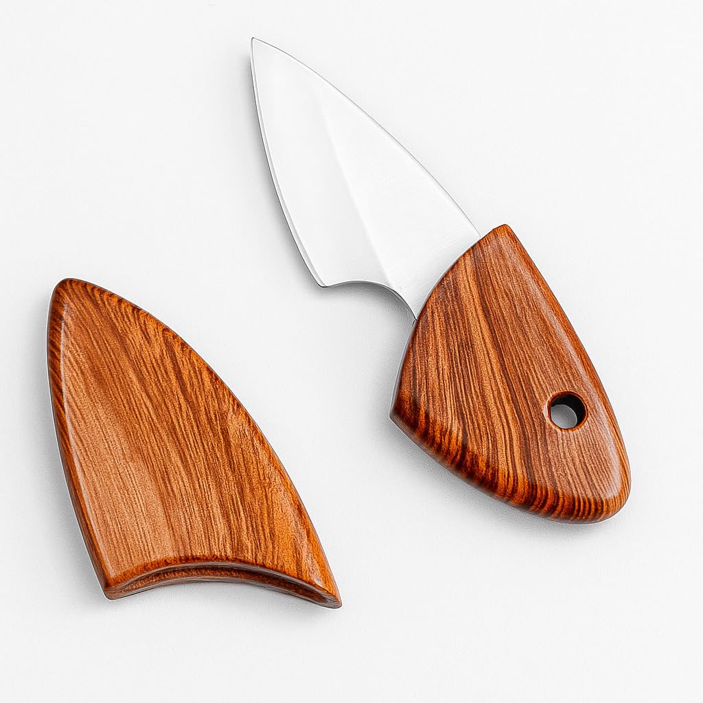 Machado Leaf Shape Handmade Mini Stainless Steel Pocket Knife with Sheath - Portable Wooden Outdoor Short Fish Cutter, Keychain Wood Grain Pocket Knives for Camping Kitchen & Gifting - (6.10 Inch)