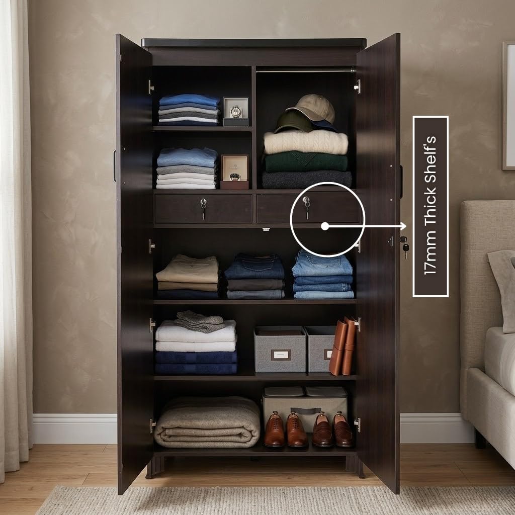 CASPIAN Engineered Wood Double Door Wooden Wardrobe (Coffee Black)|Pre-Assembled Furniture|for Bedroom, Kitchen, Office & Kid’s Room | Durable Home Clothes Storage Organizer with 5 Shelves & 2 Drawers-picture-23