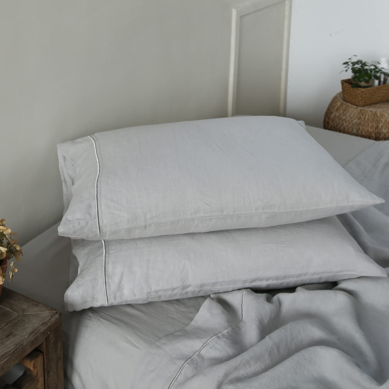 King Linens Fundas De Almohada 100% Lino Francés Con Bordado, Paquete De 2 Unidades, Lino Natural Lavado De Color Liso, Suave Y Transpirable, Lino, 20 X 30 Pulgadas