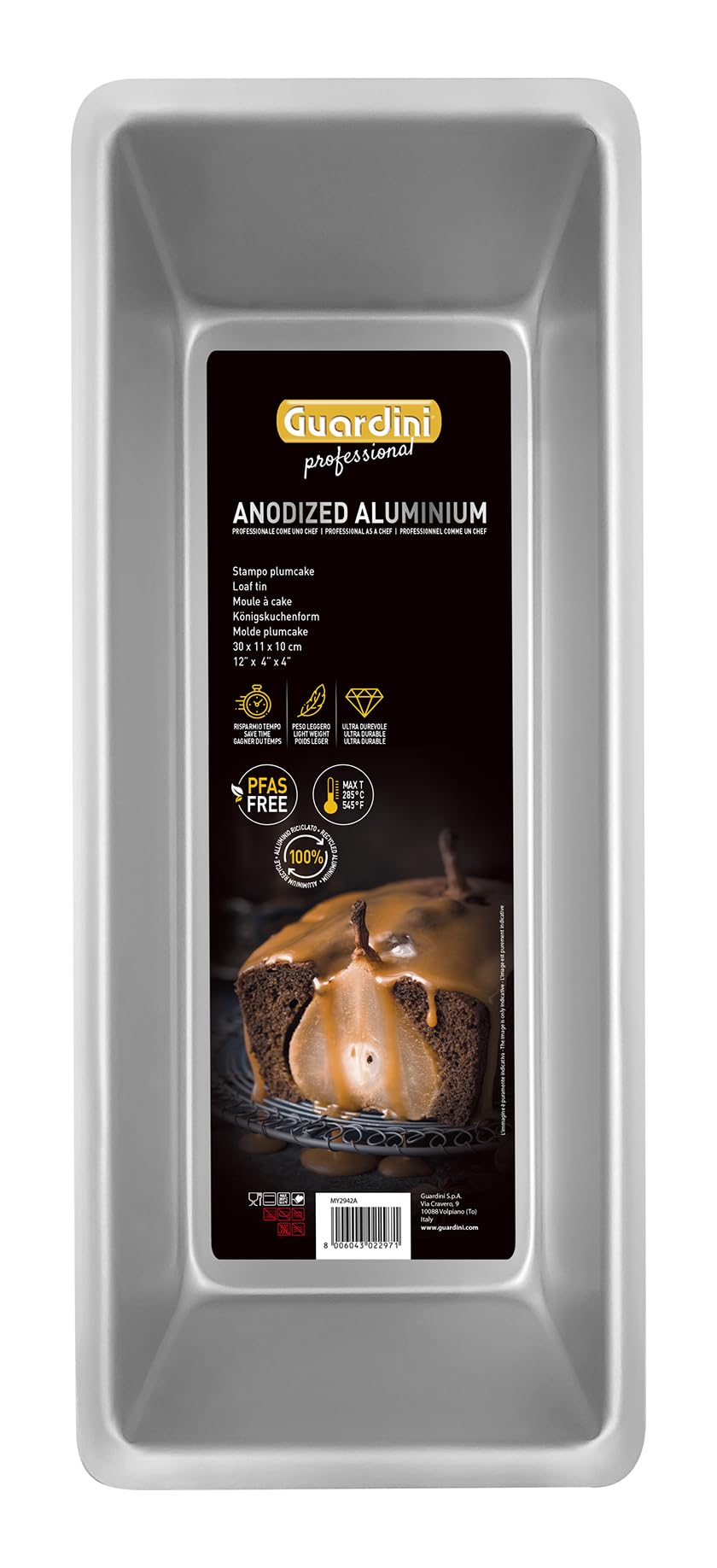 Guardini Professional Plumcake Mould, Suitable for Intensive Use, Made of Anodized Recycled Aluminium, Diameter 30 x 11 x 10 cm, Silver