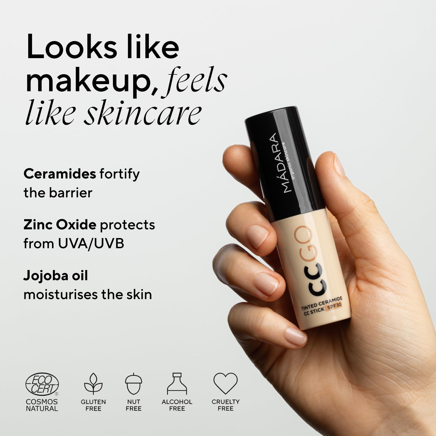 MÁDARA CC GO Tinted Ceramide CC Stick SPF30#40 Sand- 3-in-1-Farbkorrektur-Foundation-Stick mit Mineralischem Sonnenschutz, Gleicht den Hautton aus, deckt Rötungen und Flecken ab
