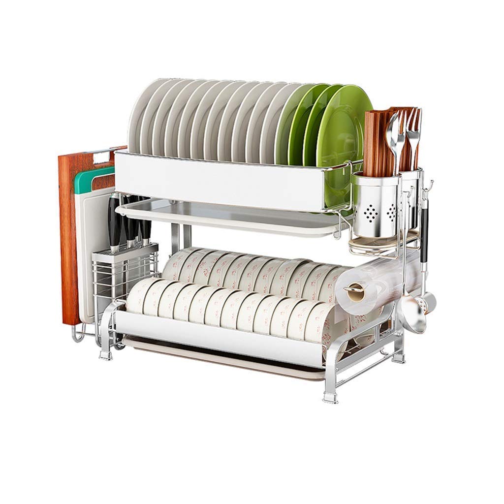 OGMOYT Multifunctional Kitchen Storage Rack 2-Tier Dish Drainers Draining Stainless Steel in Kitchen | Dish Drainer Rack with Tray and Cutlery | Drain Rack Dish Drying Rack,35