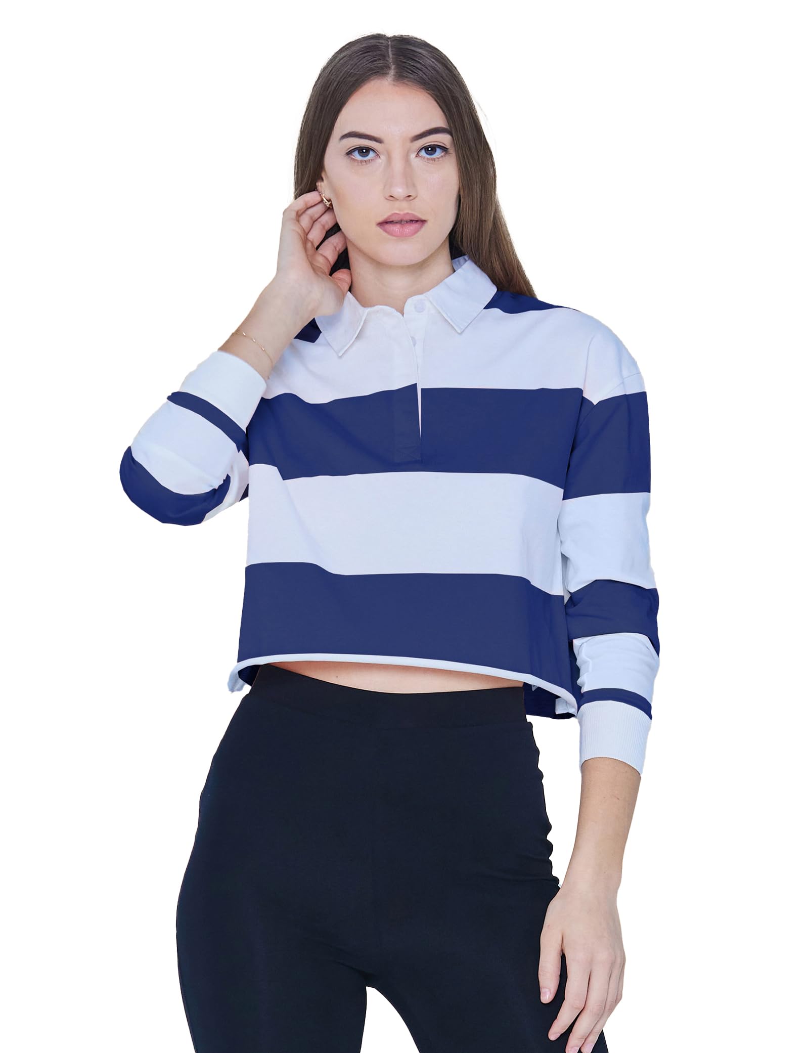 Women’s Stripe Cropped Rugby Top | Enorsia in Blue | Size: 8