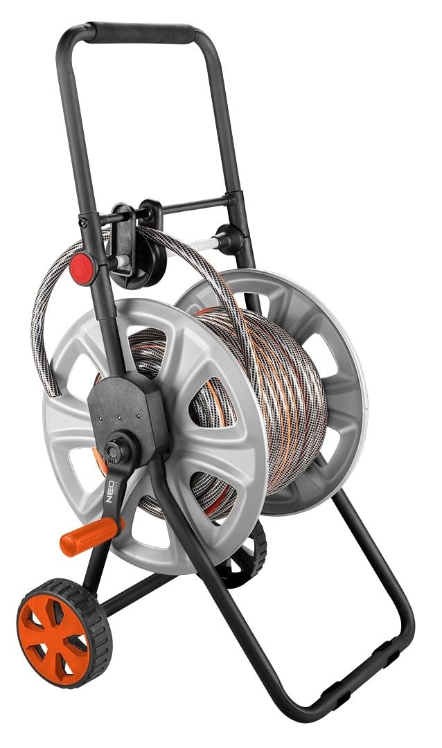 NEO TOOLS Wózek ogrodowy z wężem do 60 m, wąż ogrodowy (1/2") – bęben z metalu | zapobiega zginaniu węża, stabilny i trwały, antypoślizgowy i składany uchwyt, metalowa rama