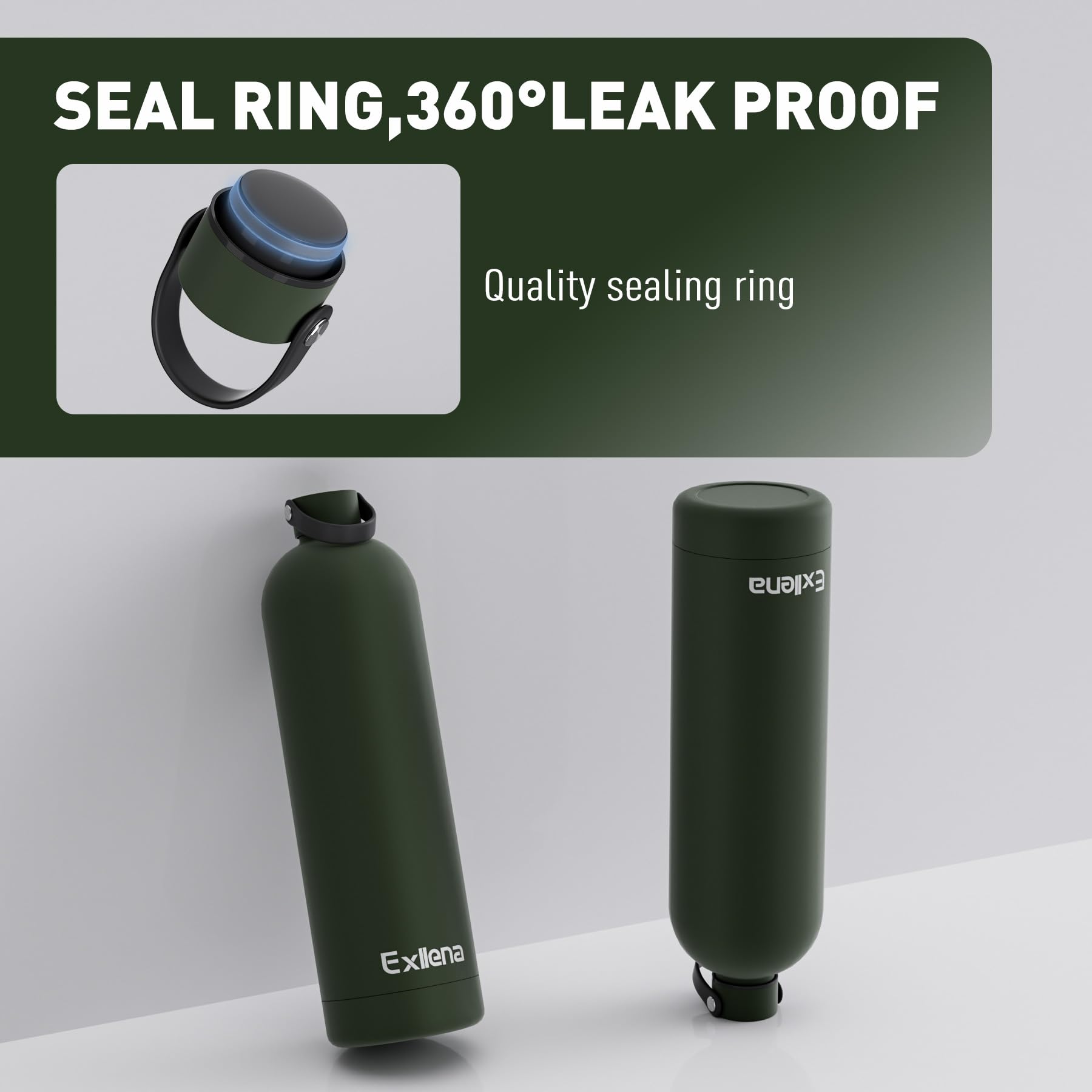 Exllena Borraccia Termica 1,5 Litri con Maniglia e Moschettone -Borraccia 1,5 Litri Mantenere Calore/Freddo - Senza BPA - 100% A Tenuta Stagna per Escursioni, Campeggio, Viaggi, Sport...(Verde Pino)