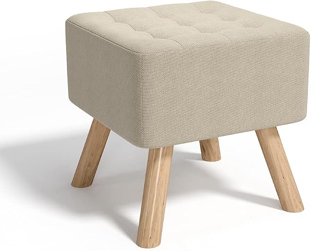 INMOZATA Linen Fabric Footstool Square Upholstered Stool Pouffe Stool Change Shoe Footrest Wooden Legs for Living Room Bedroom (Beige)