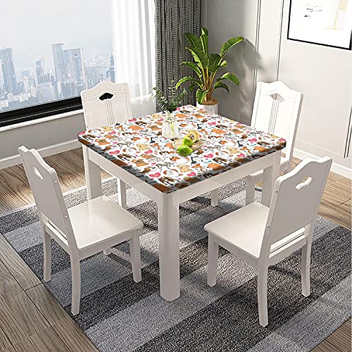 Cartoon Dog Waterproof Fitted Table Cloth Square, Dog Lover Elastic Edge Home Decor Tablecloths, Wipeable Washable Polyester Fabric Tablecloth, For Family Kids Party Table Cover, Fits 36X36 Inch Table #TOP1