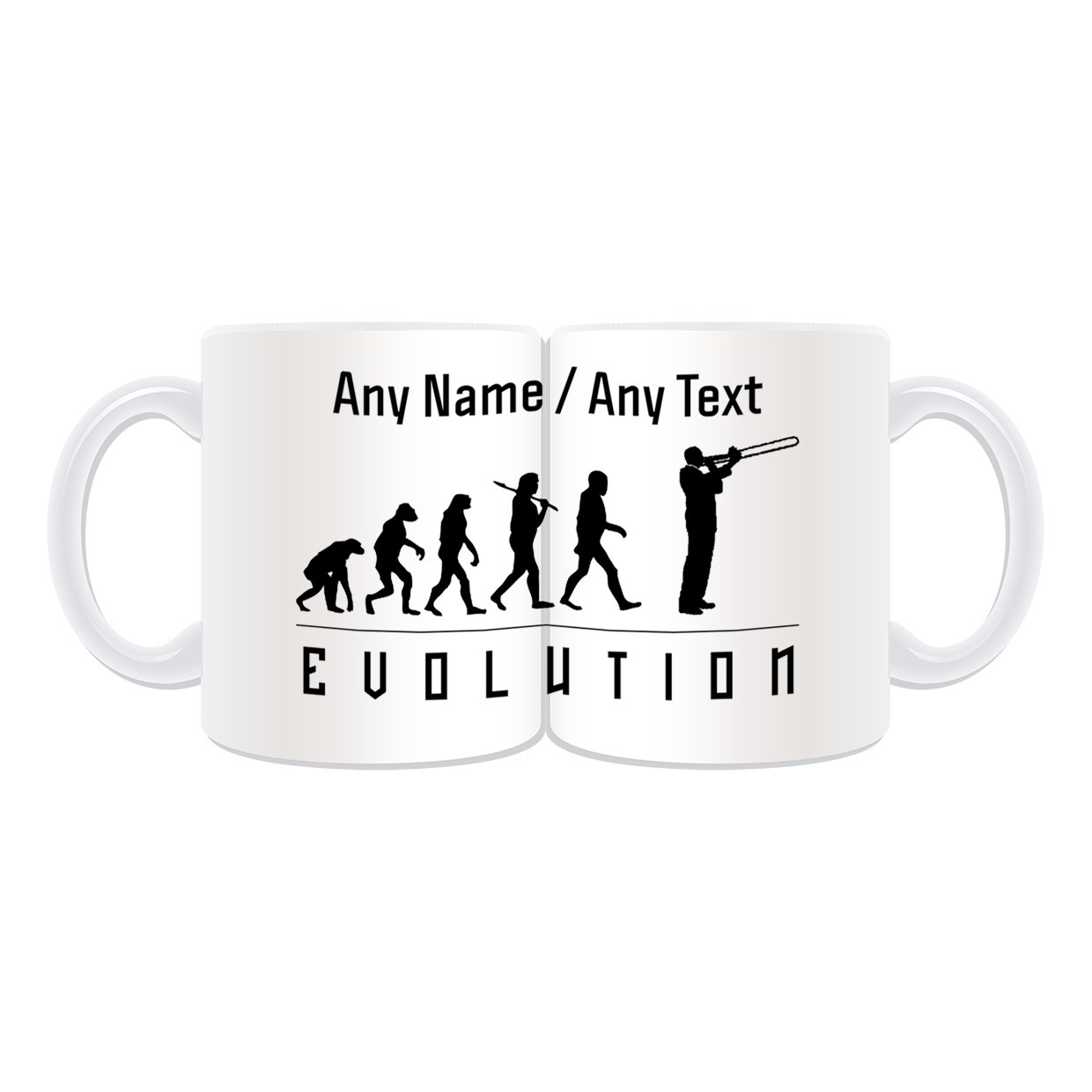 Personalised Gift - Trombone Mug (Evolution Wrapped Design White) Name Message Unique - Player Outline Event Hobby Classical Music Musician Tromba Large Trumpet Symphony Orchestra Band Jazz Brass Horn