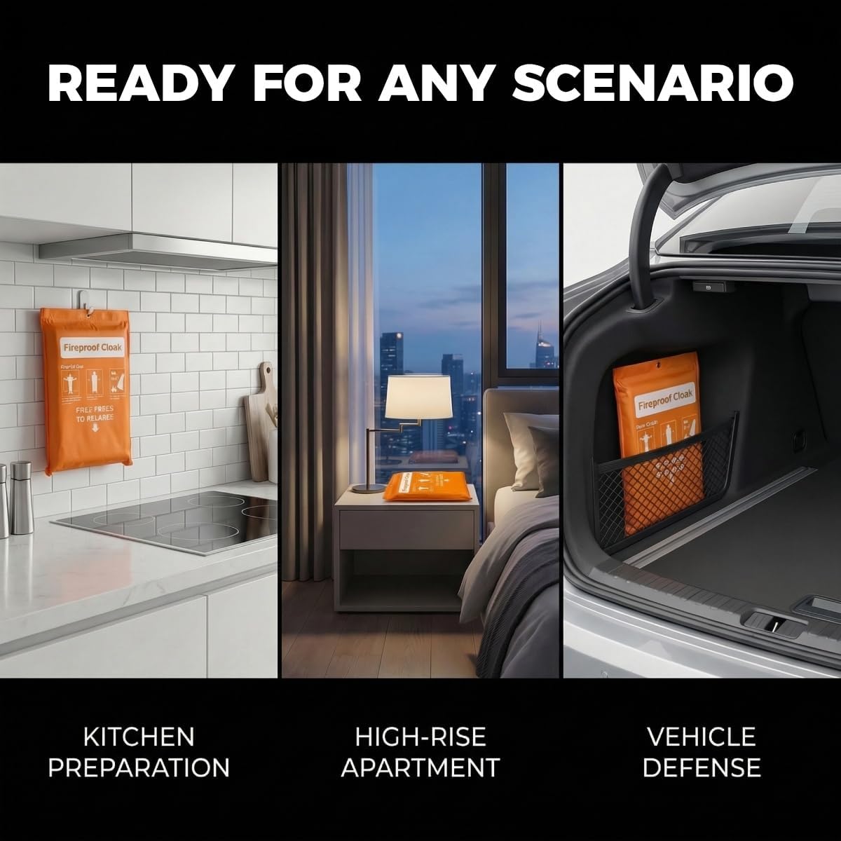 Fireproof Cloak with Hood - Fiberglass Free Fire Blanket Emergency for Home, 1800°F Heat Resistant Fire Escape Wrap, Reflective Safety Cape for Adults Survival - 71"x63", Black