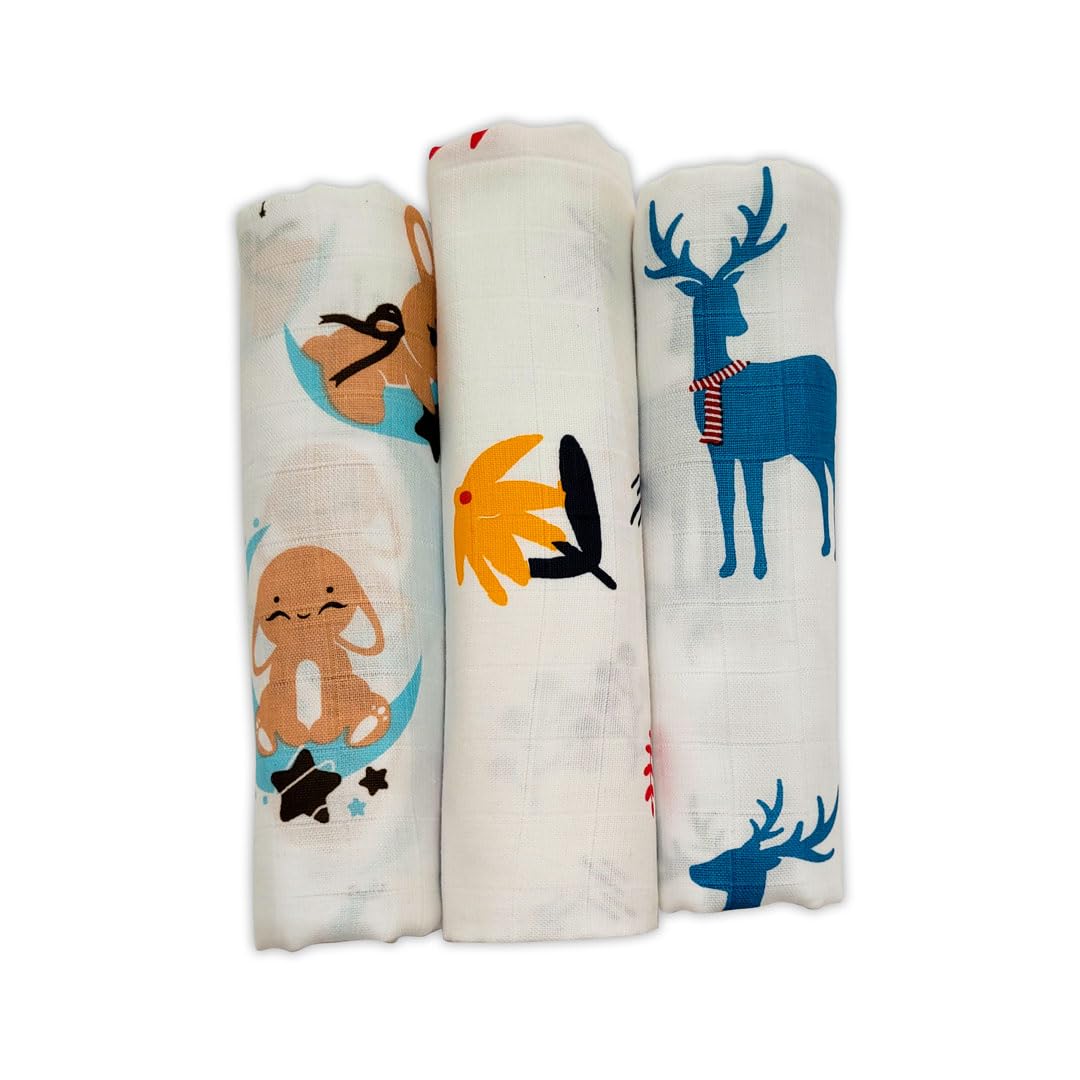Kridlo 100% Cotton Baby Swaddle Wraps | Pack of 3, Soft & Breathable | Newborn Essentials 0-2 Years | 90x90cm Large | Blue Moon, Orange Daisy & Blue Deer Design | Skin-Friendly & Baby Safe Blanket