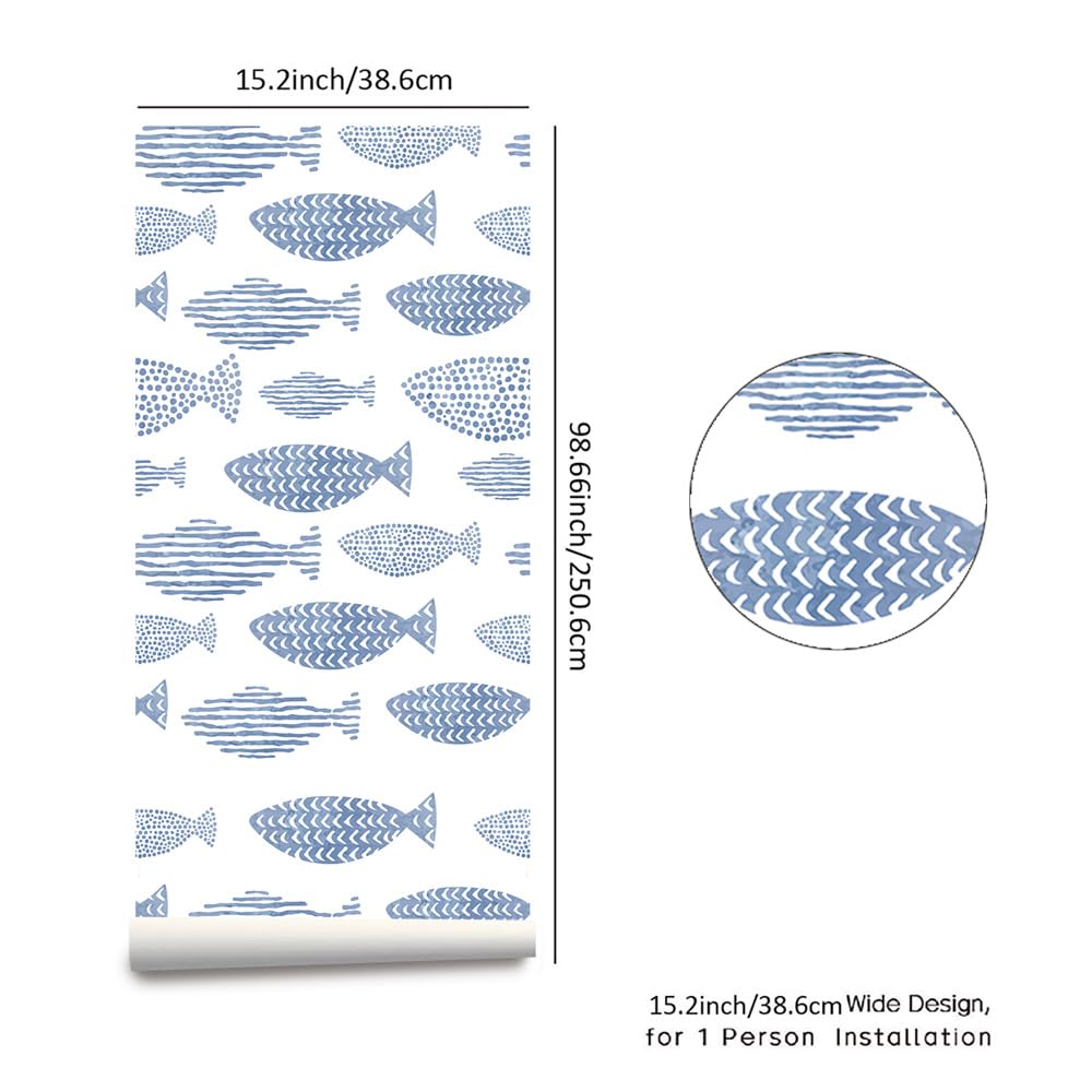 Papel Pintado Autoadhesivo Peces Mar Azul - Extraíble, Impermeable, Adhesivo Vinilo para Muebles y Decoración - 2P (38.6x250.6cm)