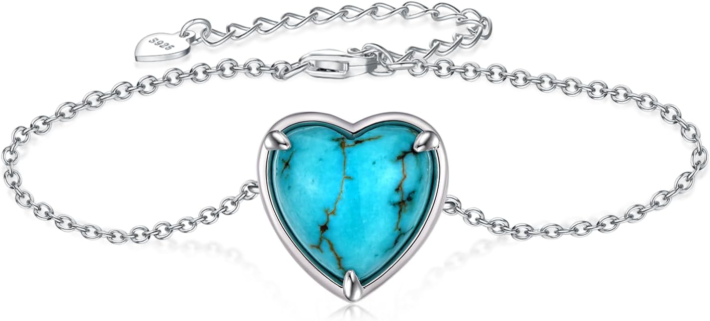 Genuine Sterling Silver Turquoise Bracelet for Women - Heart Real Turquoise Bracelet Nature Real Western Jewelry for Women