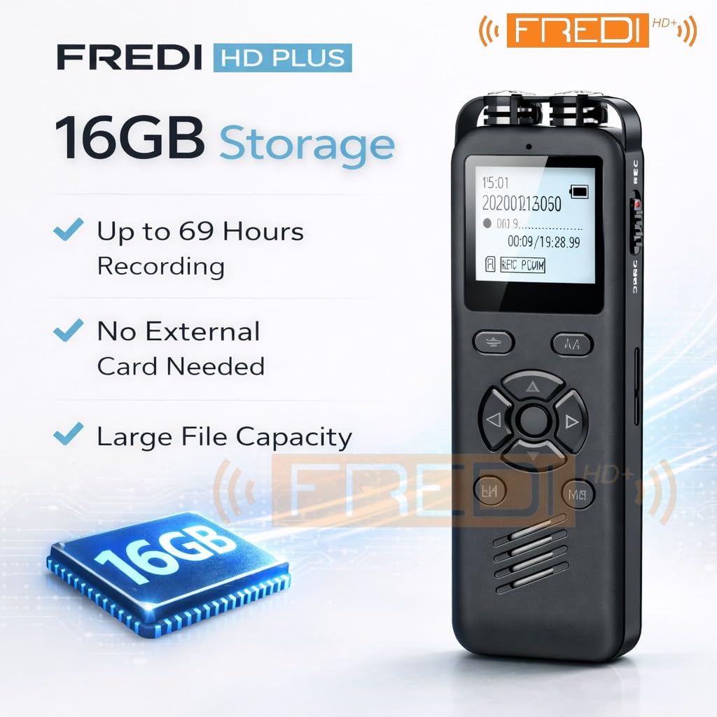 FREDI HD PLUS Voice Recorder 16GB Digital Audio Recorder with LCD Display, 512kbps Clear Recording, 69H Storage, MP3/WAV Playback, USB Portable Device for Lectures Meetings Interviews 2