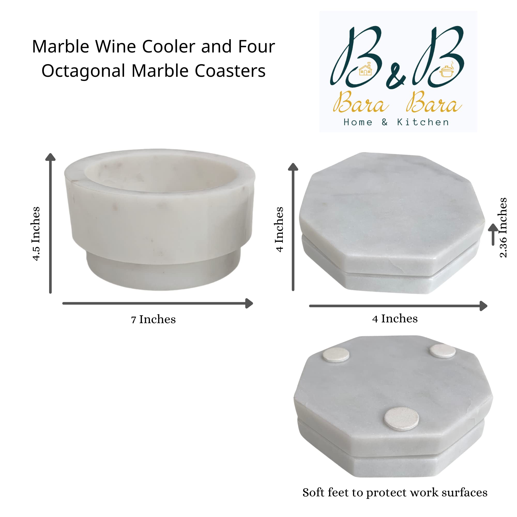 Enfriador de vino de mármol, pequeño soporte para bebidas ideal para fiestas y ocasiones. Este juego incluye cuatro posavasos octogonales de mármol de material natural de alta calidad (blanco)