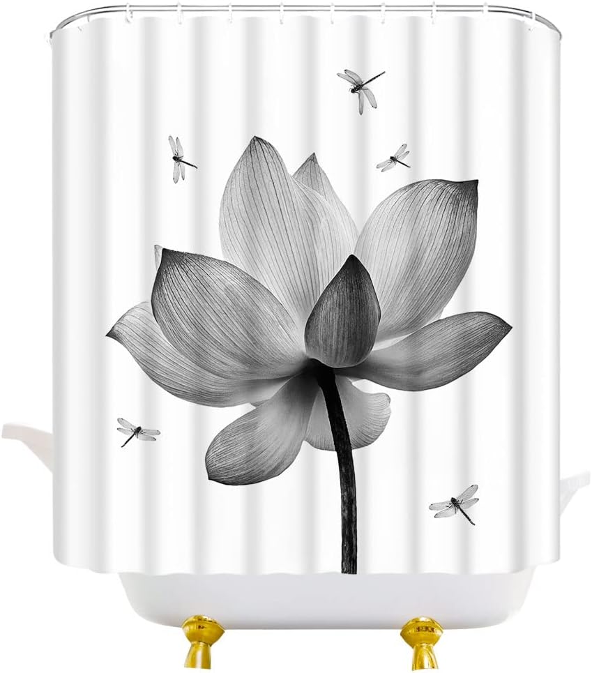 Lotus Shower Curtain Black White Flower Dragonfly Elegant Waterlily Modern Unique Art Print Chic Home Decor Bathroom Fabric Set with Hooks(78" Wx70 H)