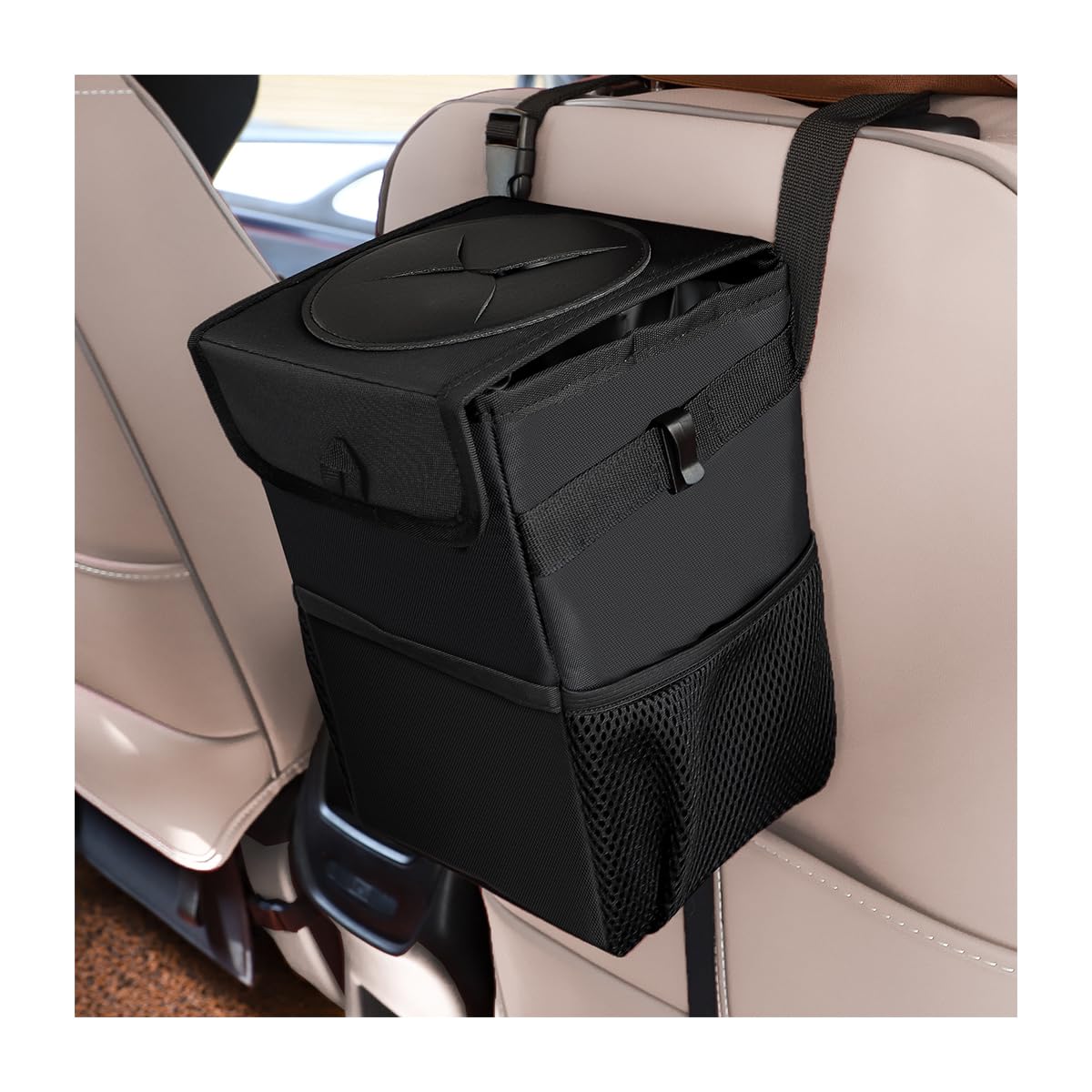 JNNJ Car Bin, 6L Waterproof Mini Auto Trash Can with Lid and Storage Pockets, Collapsible Car Rubbish Bag with a Removable Leakproof Liner, Multipurpose Auto Trash Bag Hanging