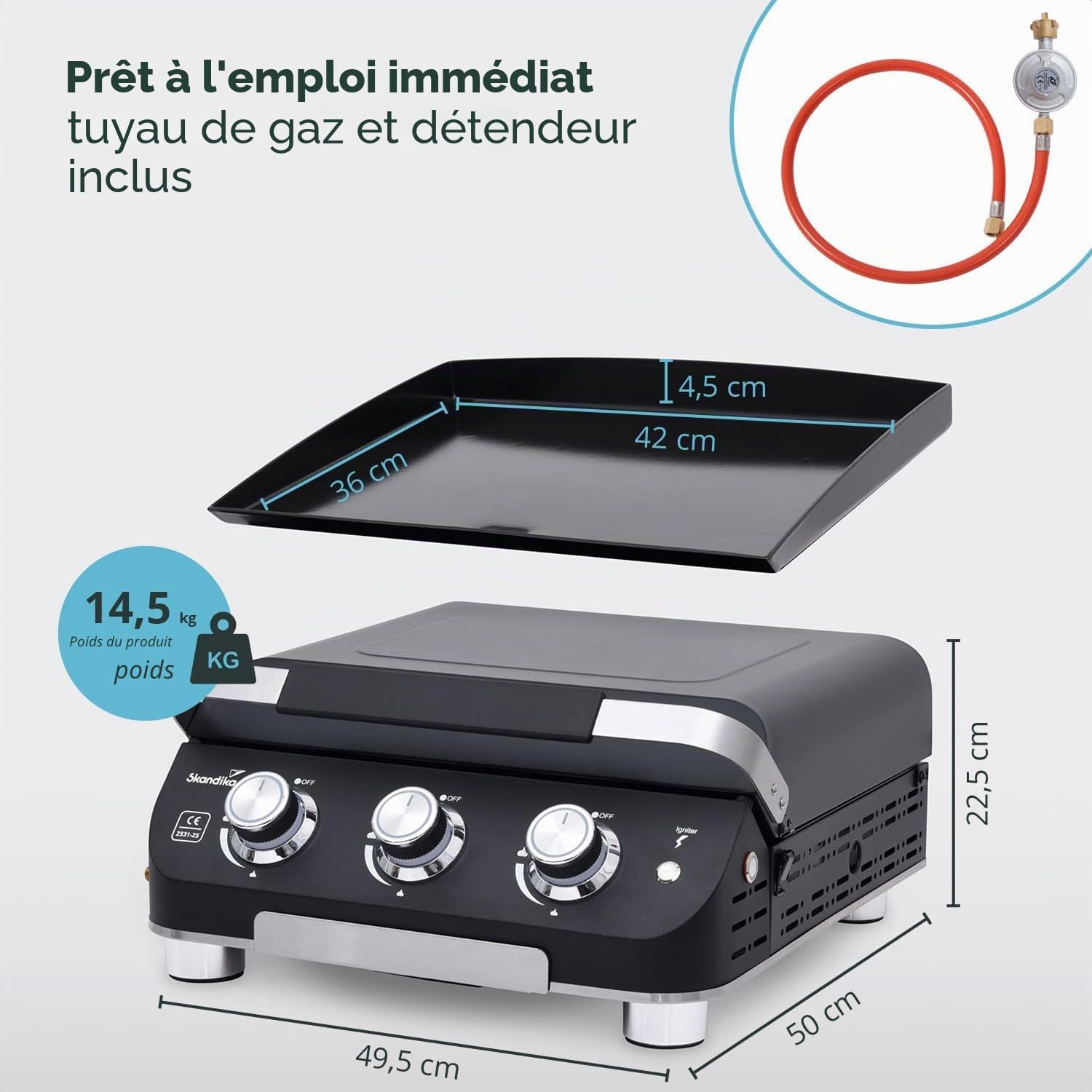 Skandika Plancha à gaz Palo | Plaque de cuisson à 3 brûleurs, égouttoir, barbecue à gaz transportable avec plaque plancha | Camping, bbq de table, jardin