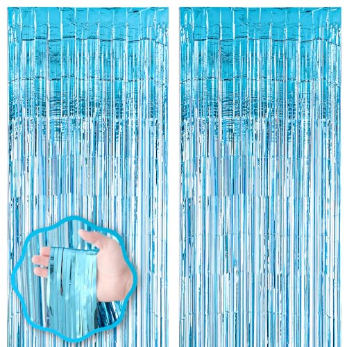 Image of Voircoloria 2 Pack 3.3x8.2 Feet Light Blue Foil Fringe Backdrop Curtains, Tinsel Streamers Birthday Party Decorations, Fringe Backdrop for Graduation, Baby Shower, Gender Reveal, Disco Party