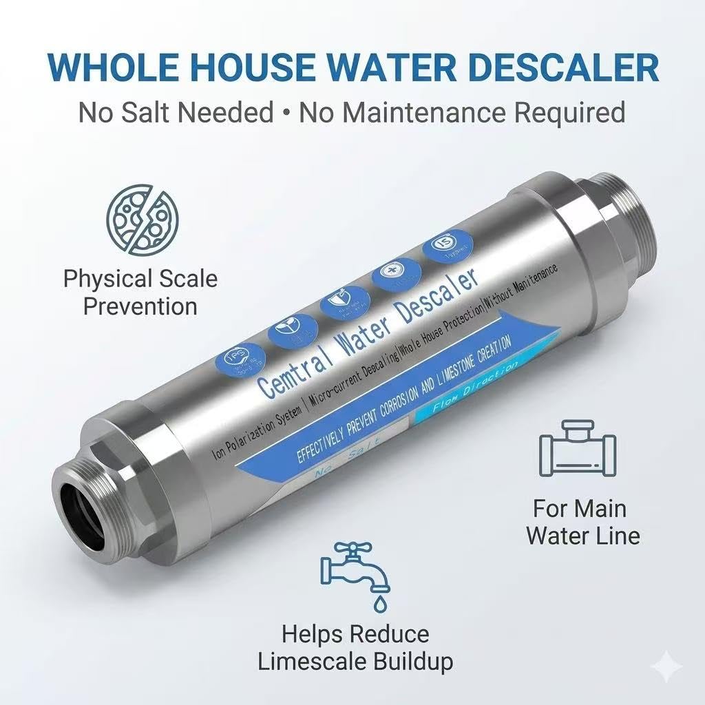 Whole House Water Descaler 3/4” NPT – Hard Water Scale Inhibitor, No Salt Physical Water Conditioner for Main Water Line, Maintenance-Free, Helps Reduce Limescale in Pipes & Appliances