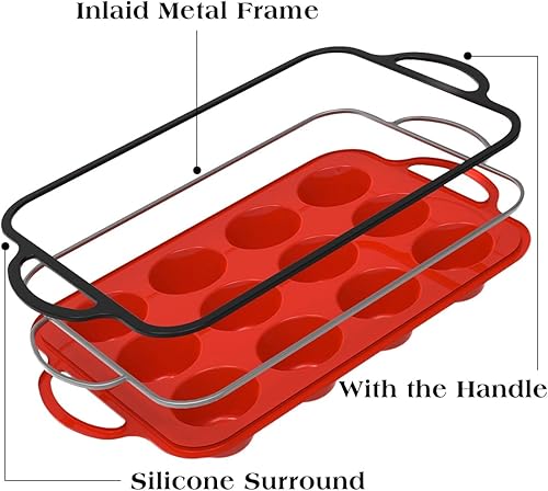 Miniatura 2 de CAKETIME Molde de silicona para magdalenas, marco reforzado de metal, pequeño molde de silicona para magdalenas, fácil de manejar, 12 tazas