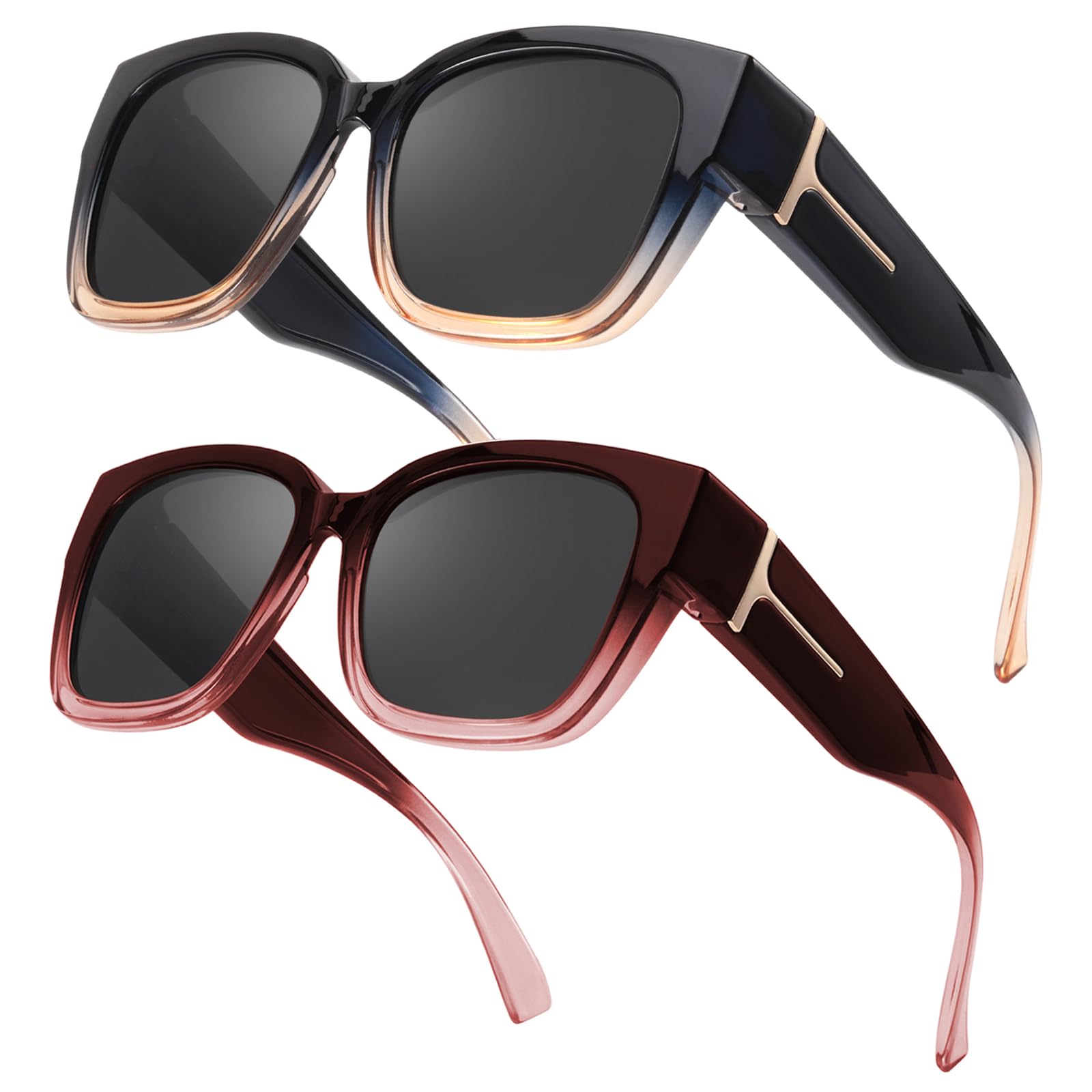 Myiaur 2 Pack Überzieh Sonnenbrille Damen Polarisierte UV400 Schutz | Oversized Rahmen, Sonnenbrille für Brillenträger, für Autofahren & Freizeit
